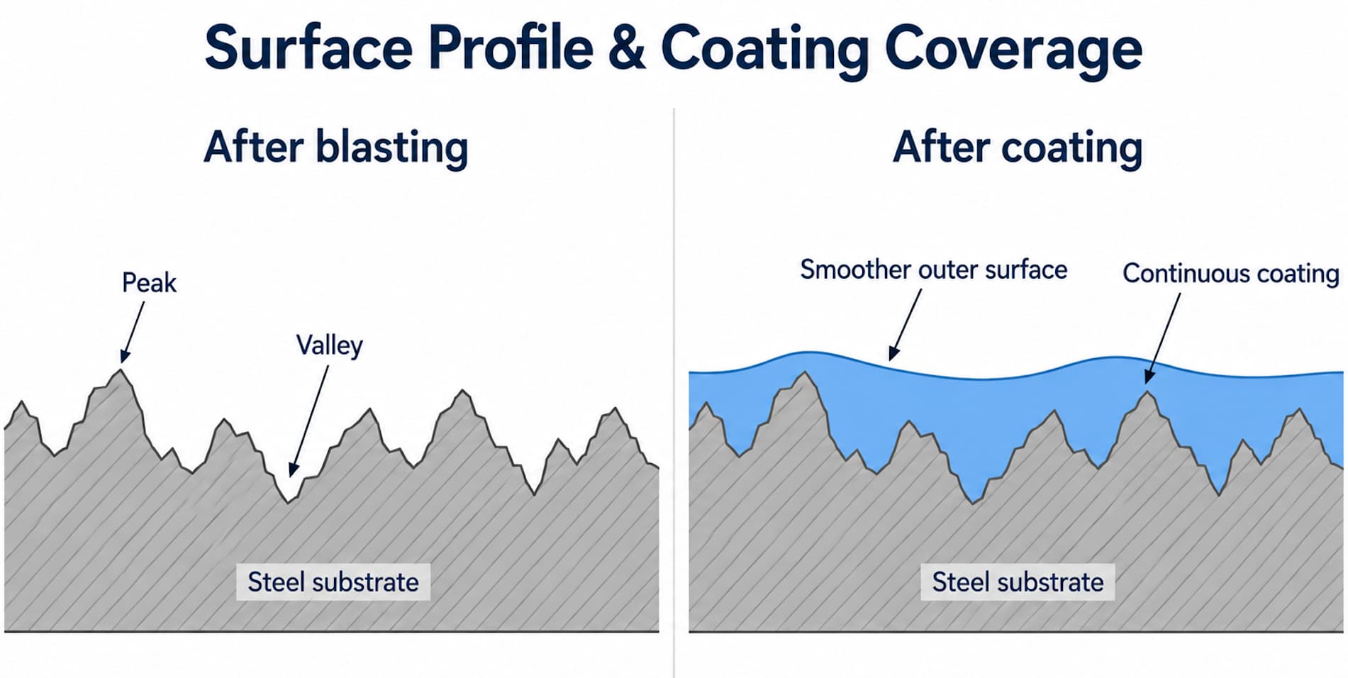 Surface Profile & Coating Coverage - Comparison of steel substrate after blasting and after coating