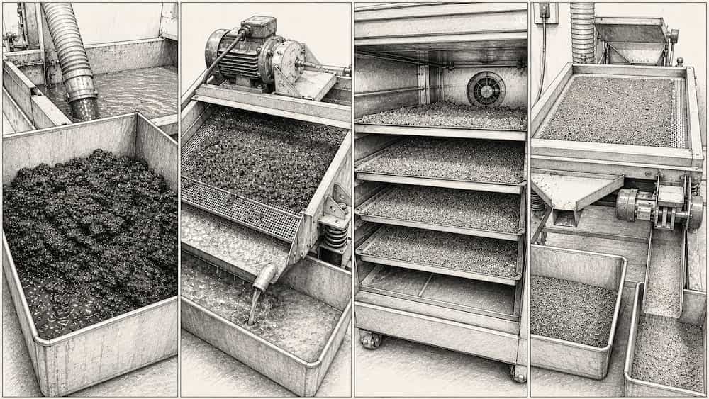 Four stages of spent waterjet garnet recovery: collection, dewatering, drying and screening Four stages of spent waterjet garnet recovery: collection, dewatering, drying and screening