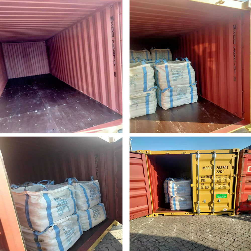 Clean container inspection and bagged garnet loading sequence before export shipment