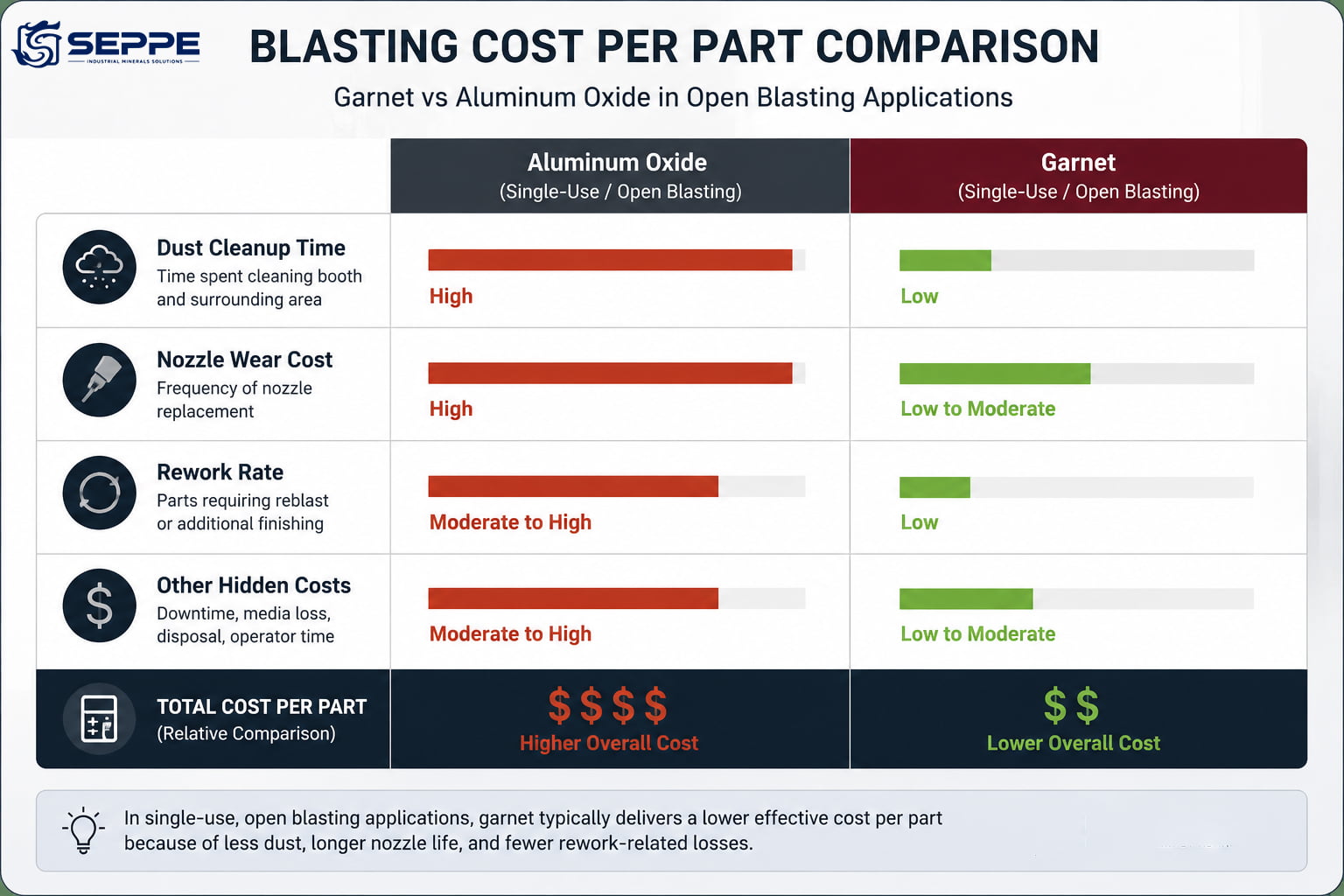Illustrative chart comparing common cost drivers for garnet and aluminum oxide in single-use open blasting