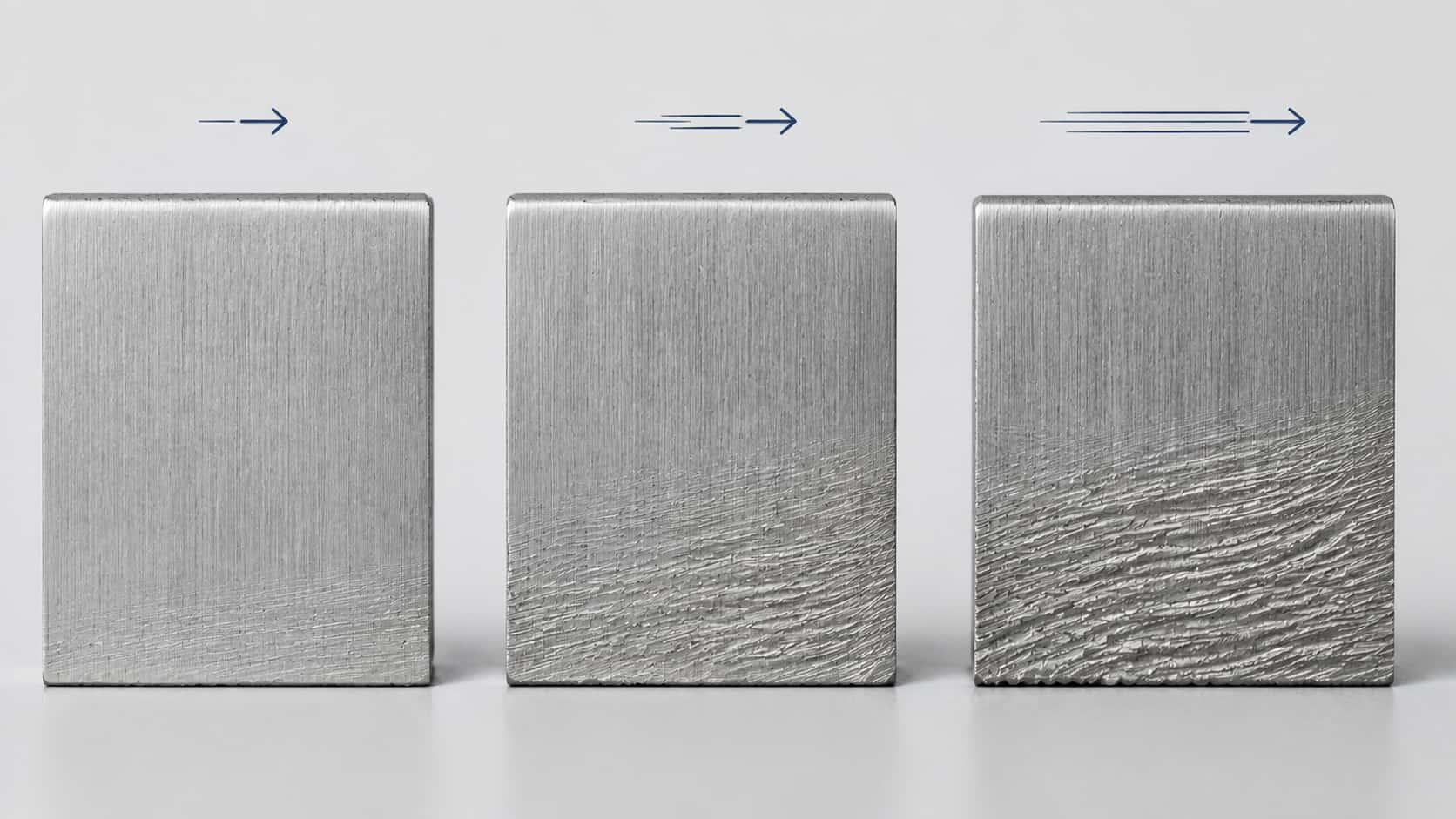 Waterjet cut edges showing greater lower-edge striation as traverse speed increases