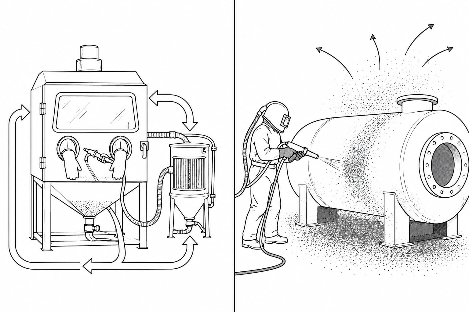 Illustration comparing abrasive recovery in a closed blasting cabinet with media loss during open blasting